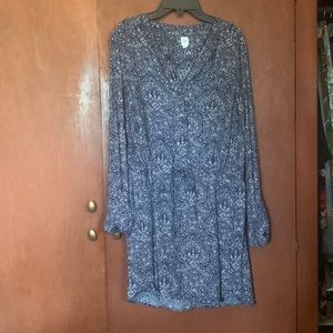 Navy and white print dress.